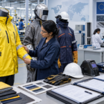 A woman at the factory is examining various types of work safety clothing and fabric samples