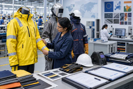 A woman at the factory is examining various types of work safety clothing and fabric samples