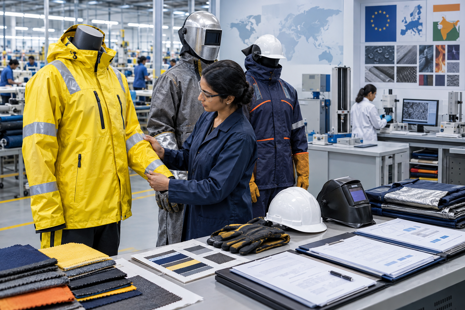 A woman at the factory is examining various types of work safety clothing and fabric samples