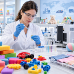 In a laboratory, a scientist is analyzing the liquid in a test tube with a pipette; children's toys and testing equipment are scattered around the room