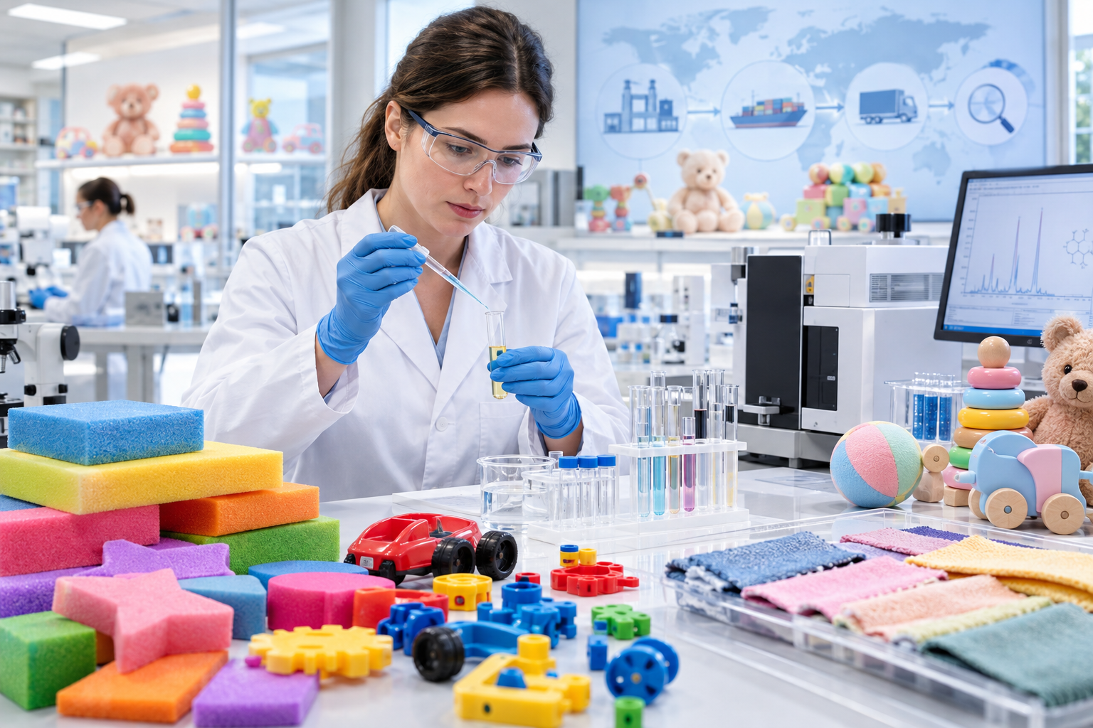In a laboratory, a scientist is analyzing the liquid in a test tube with a pipette; children's toys and testing equipment are scattered around the room