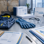 On the table: a raincoat, protective gloves, goggles, and a face shield, along with occupational safety documents and the European Union flag