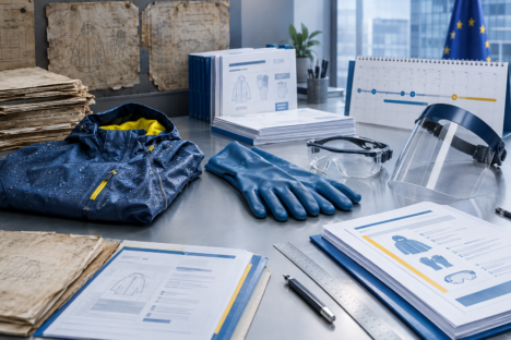 On the table: a raincoat, protective gloves, goggles, and a face shield, along with occupational safety documents and the European Union flag
